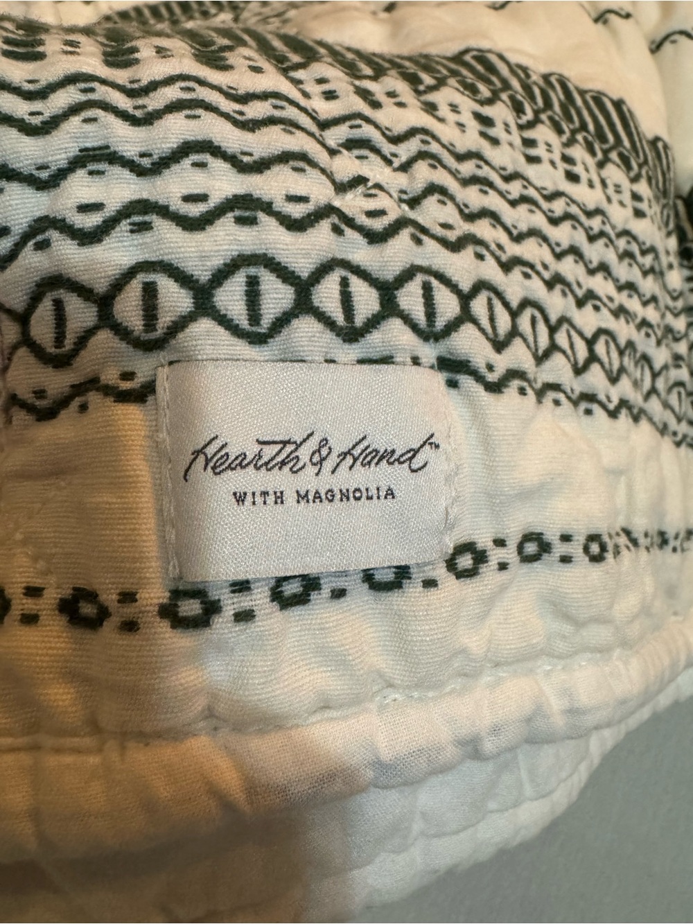 Hearth & Hand White Quilt with Dark Green Geometric Print
